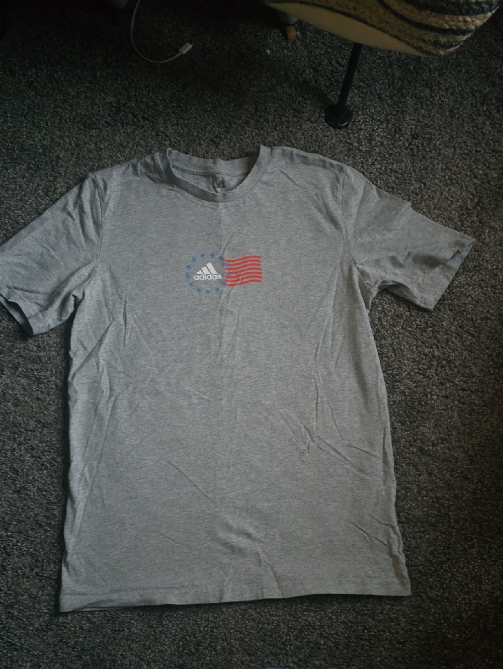adidas Men’s Gray Tee with Red & Blue Flag Graphic